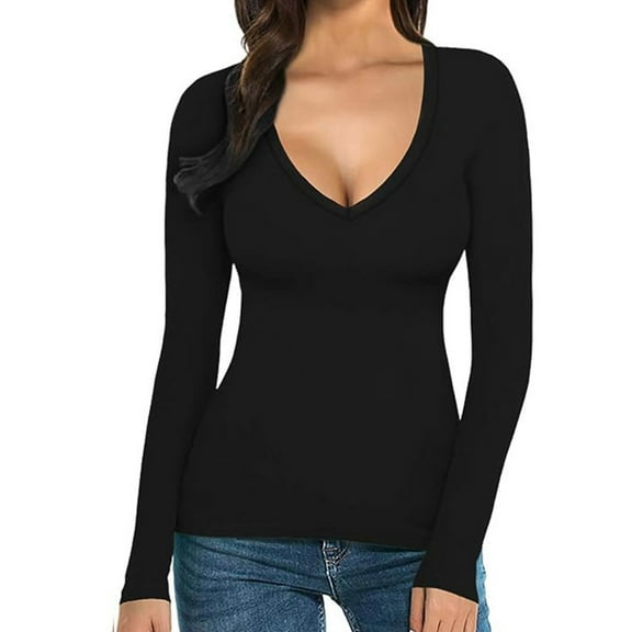Breezora Womens V Neck Contour Long Sleeve Tee Stretchy Comfort Fit Essential Basic Top Breathable Soft Fabric Sleek Silhouette Shirt for Layering XL Size Black