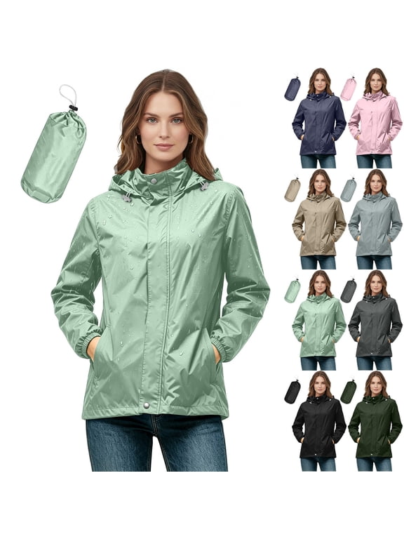 Womens Waterproof Hooded Jacket Lightweight Windbreaker Raincoat Foldable Sporty for Running Hiking