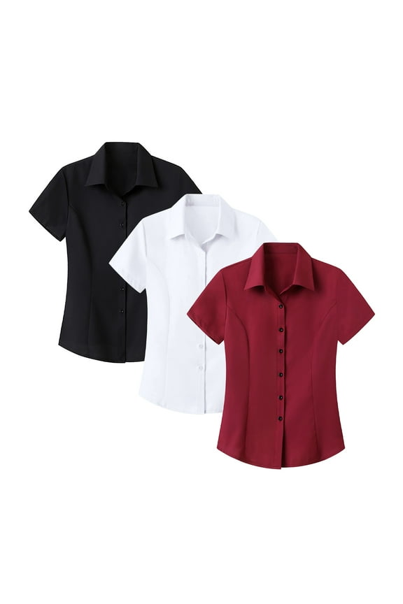 Wrinkle Free Women's Professional Short Sleeve Shirt Formal Office Wear Interview Attire Easy Care Business Blouse S Size