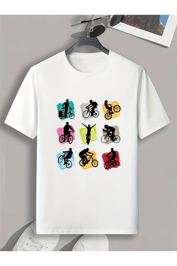 Breezy Fit, Men's Casual Crew Neck T-Shirt with Unique Bicycle Print - Breathable Polyester, Machine Washable - Perfect for Summer & Casual Attire