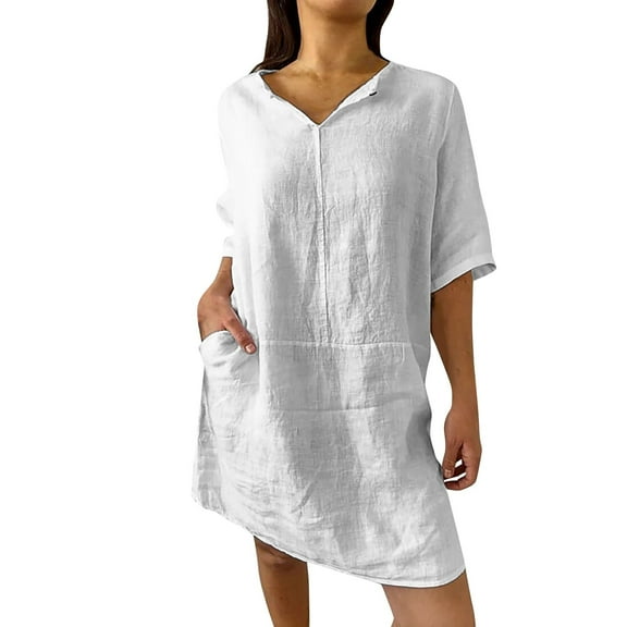 Breezy Midi Shirt Dress 2024 3/4 Sleeve Beach Cover-Up with Hidden Belt, Curve-Friendly Linen Dress for Farmers Markets & Seaside Strolls, White Cotton Linen Dresses for Women 2024 Spring Summer