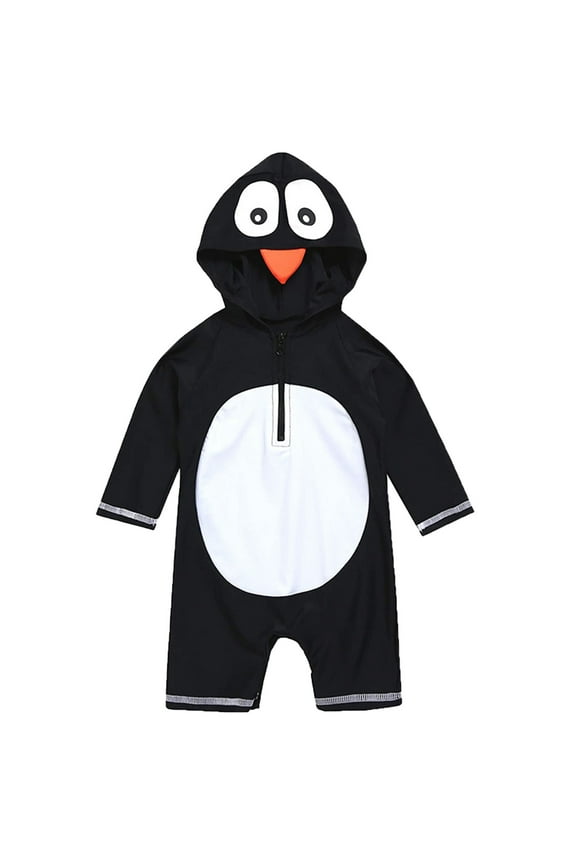 Boys Penguin One Piece Hooded Swimsuit Rash Guard UPF 50+ Bathing Suit,Sizes 3-4