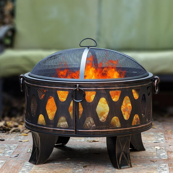 Breezz 26 Inch Wood Burning Fire Pit with Cooking Grill and Spark Screen, Outdoor Metal Round Firepit for Patio, Backyard, Bonfire Party, Camping and Garden