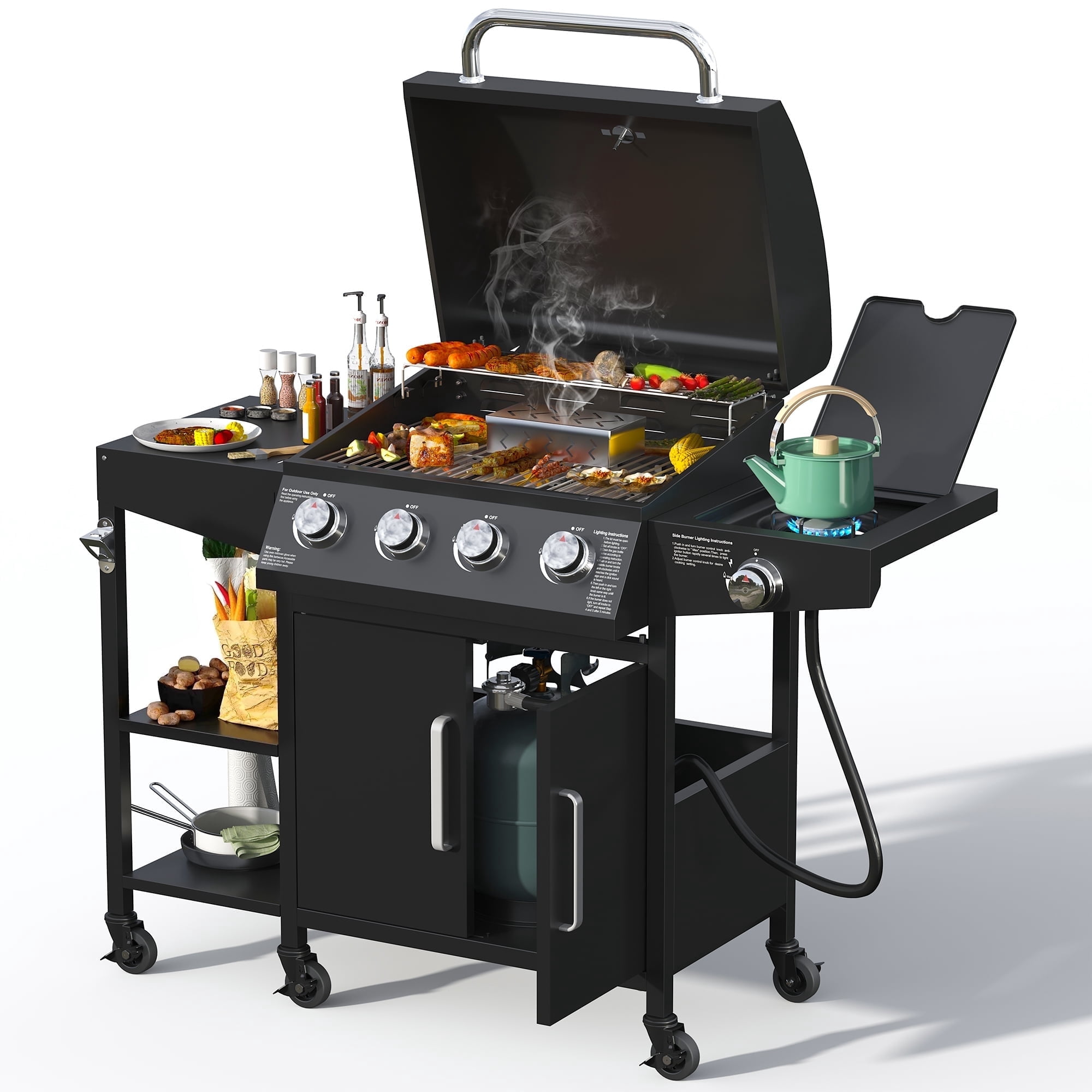4 Burner Propane Gas Grill with 3 Tier Shelf, 50000 BTU Outdoor Cooking Stainless Steel BBQ Grills Cabinet,Can be Placed Smoke BoxBlack