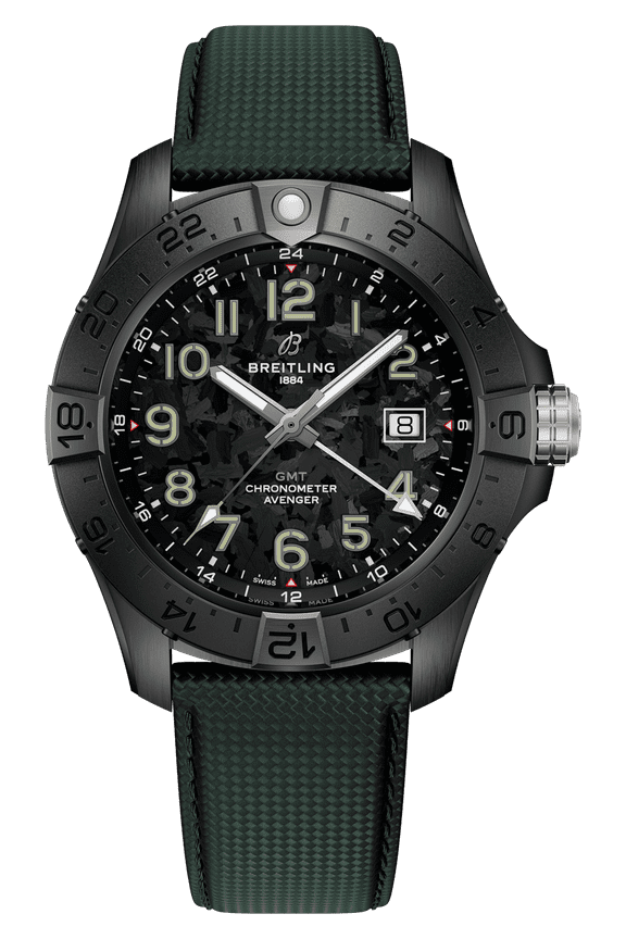 Avenger Automatic GMT 44 Night Mission Black Dial Ceramic Green Leather Strap Men's Watch S32320101B1X1