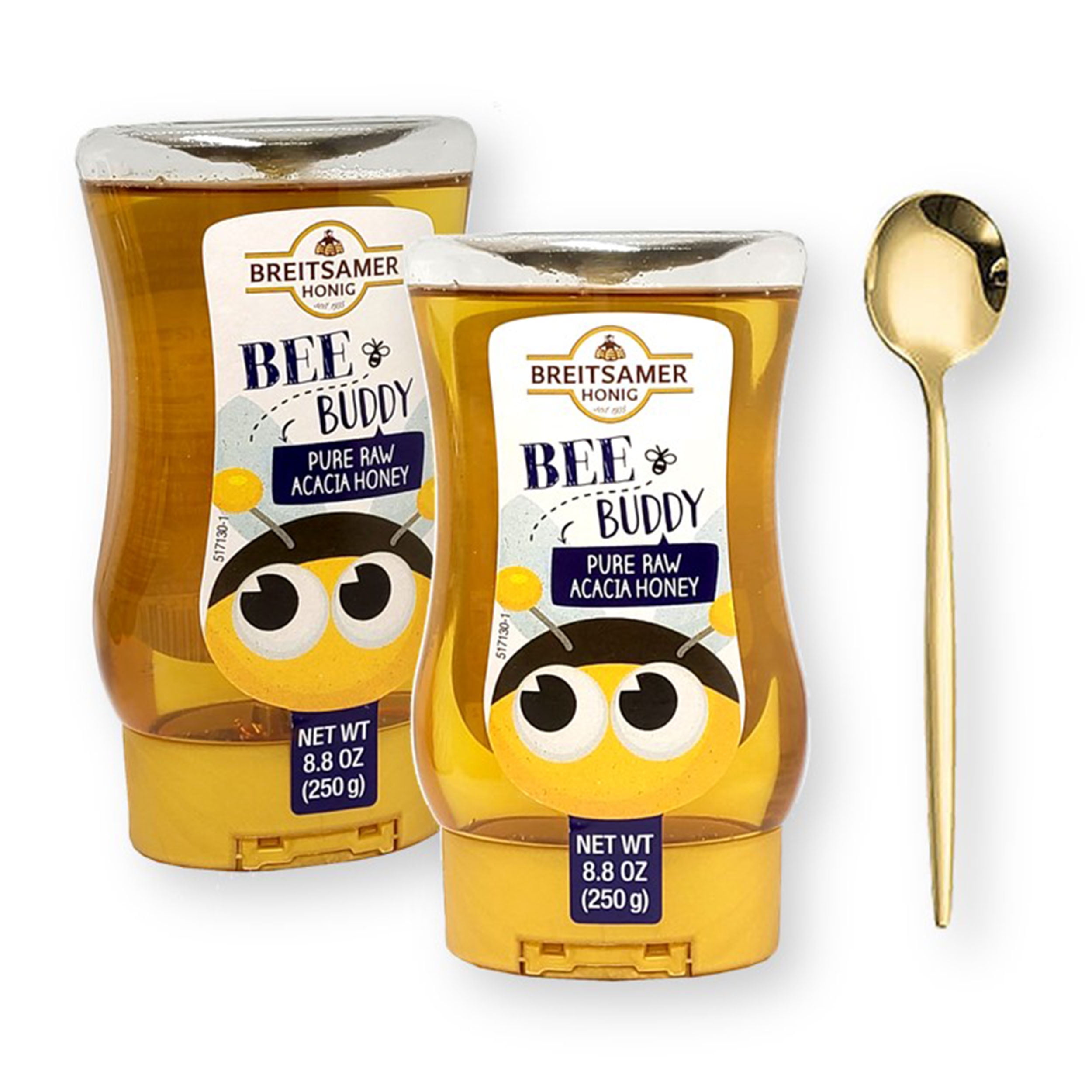 Breitsamer Honig Bee Buddy Pure Raw ACACIA Honey Squeeze Bottle 8.8 oz. (250 g.) X 2 with Bonus Gold Stainless Steel Round Tea Spoon (3-Pc Set)