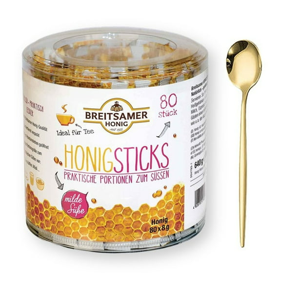 Breitsamer Honig Honey Sticks Raw Honey Single Serving Size Tub 80 Ct. 22.6 Oz. (80X 9 g.) with Gold Stainless Steel Coffee/Tea Spoon (2-Pc Set)