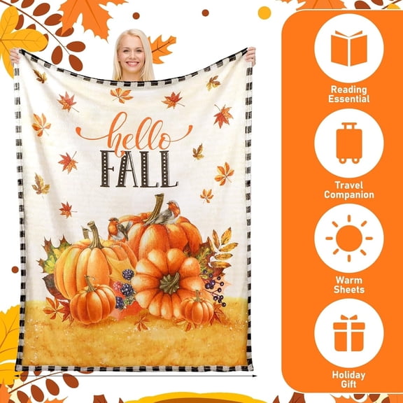 Breling Fall Flannel Throw Blanket – Pumpkin and Leaf Print Autumn Blanket, Cozy Fuzzy Warm Throw, Perfect for Hello Fall Seasonal Decoration and Gifting