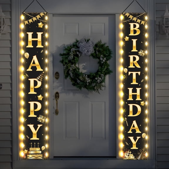 Breling Happy Birthday Banner with Lights 71 x 12 Inch LED Happy Birthday Decoration Door Banner Party Porch Sign Outdoor Indoor Hanging Supplies for Women Men(Black Gold) Y114
