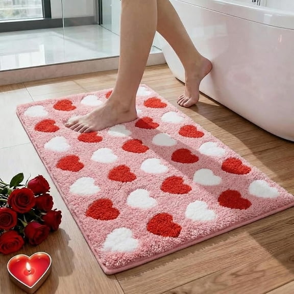 Breling Valentine's Day Bathroom Rugs Decorations Indoor Red White Love Heart Valentines Bathroom Mat Non Slip Welcome Anniversary Door Mat for Front Door Outdoor Home Decor, 19.6 x 31.5 Inch C113
