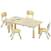 Brelley Kids Table and 4 Chairs Set Beige, Height Adjustable Desk, Suit for Ages 2-10, Easy to Clean Arts & Crafts Table