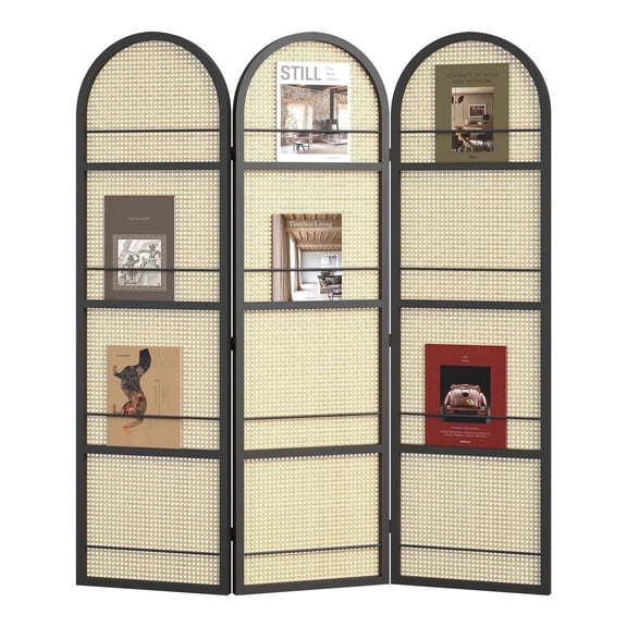 Breltam 3 Panel Arch Top Woven Rattan Folding Freestanding Room Divider Magazine Photo Display Storage Partition Privacy Screen Indoor Space Separator For Home Office No Assembly Required,Black