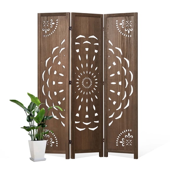Breltam 3 Panel Hollow Peony Pattern Natural Wood Folding Room Divider Privacy Screen Freestanding Indoor Space Separator Decorative Screen For Bedroom Living Room Entryway No Assembly Required,Brown