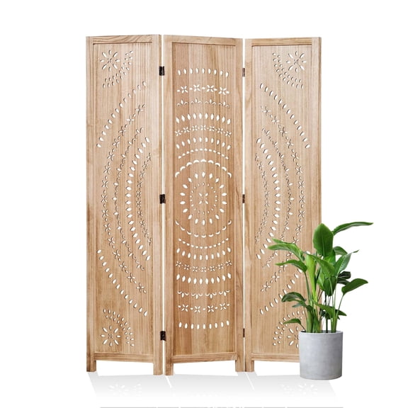Breltam 3 Panels Wood Room Divider and Folding Screen for Room Separation, Freestanding Partition Wall Dividers for Home Bedroom Office, No Assembly Required, Natural Wood Color