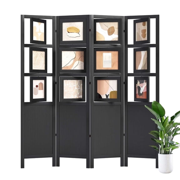 Breltam 4 Panel Folding Photo Frame Insert Fabric Solid Wood Room Divider Freestanding Semi Privacy Partition Indoor Space Separator For Home Office Bedroom,Black