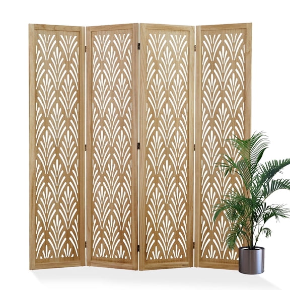 Breltam 4 Panel Wooden Room Divider Folding Freestanding Privacy Screen With Leaf Cutout Indoor Decor Space Separator Privacy Screen ,Light Burnt Wood Finish