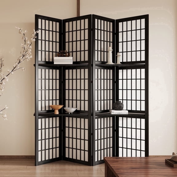 Breltam 4 Panel Shoji Screen Room Divider with Shelves, Display Storage Screen, No Assembly Required, Black