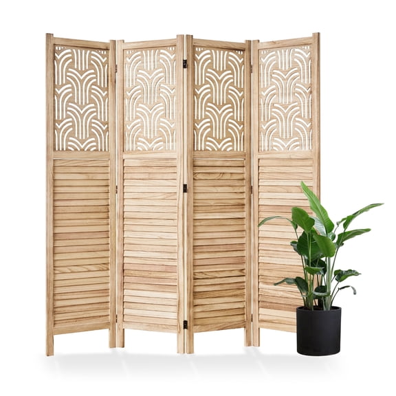 Breltam 4 Panels Wood Carved Room Divider and Folding Screen for Room Separation, Freestanding Partition Wall Dividers for Home Bedroom Office, Natural Wood Color
