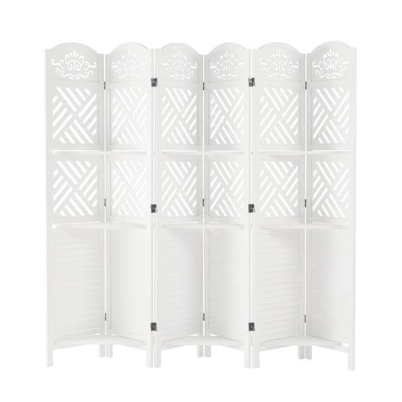 Breltam 6 Panel Folding Room Divider Wood Carved Privacy Screen with Storage Shelves Freestanding Partition For Bedroom No Assembly Required,White
