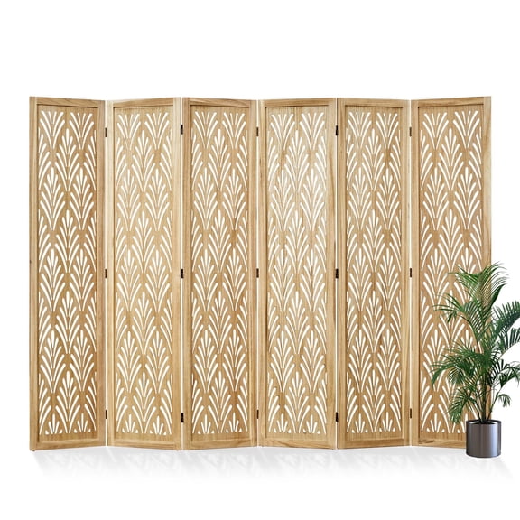 Breltam 6 Panel Wooden Room Divider Folding Freestanding Privacy Screen With Leaf Cutout Indoor Decor Space Separator Privacy Screen ,Light Burnt Wood Finish
