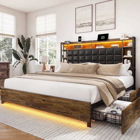 Breltam King Bed Frame with LED Headboard, Storage & Charging Station, Quick Assembly, No Box Spring Needed