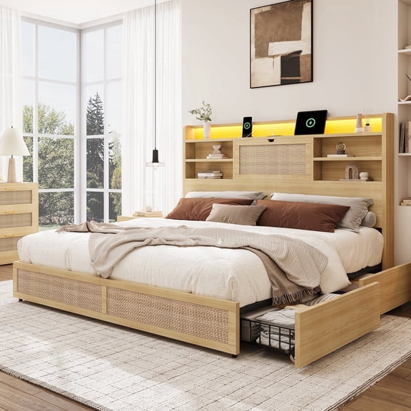 Breltam Heliora Queen Bed Frame with Storage Headboard, Faux Rattan Design, Built-in Charging Station, LED Lights, and 4 Drawers