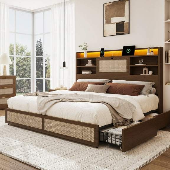Breltam Heliora Queen Bed Frame with Storage Headboard, Faux Rattan Design, Built-in Charging Station, LED Lights, and 4 Drawers