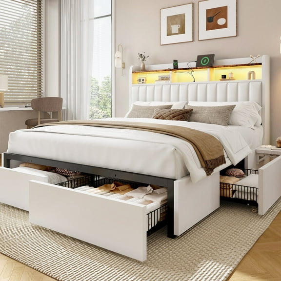 Breltam King Bed Frame with 4 Storage Drawers, PU Soft Headboard, Built-in Charging Station, LED Lights & Bedside Table
