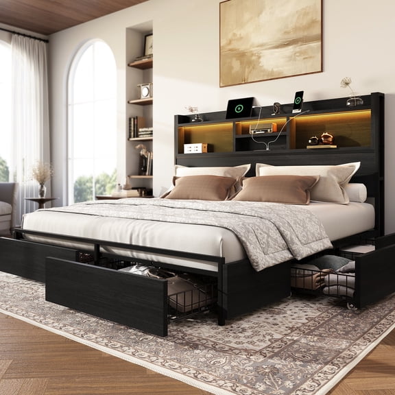 Breltam King Bed With 6 Storage Drawers, Platform Bed With Bookcase Headboard&led Light, Black