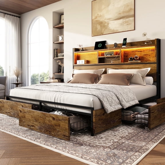 Breltam King Bed with 6 Storage Drawers, Platform Bed with Bookcase Headboard&led Light, Vintage Brown