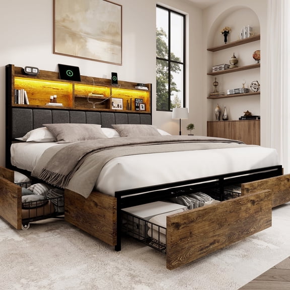 Breltam Platform Bed Frame - Massive 6-Drawer Storage, LED Headboard with Charging Station, No Box Spring Needed