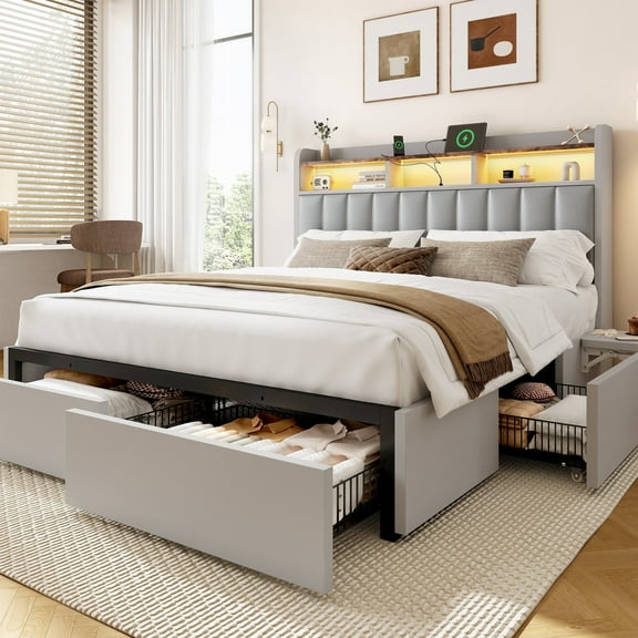 Breltam Queen Bed Frame with 4 Storage Drawers, PU Soft Headboard, Built-in Charging Station, LED Lights & Bedside Table