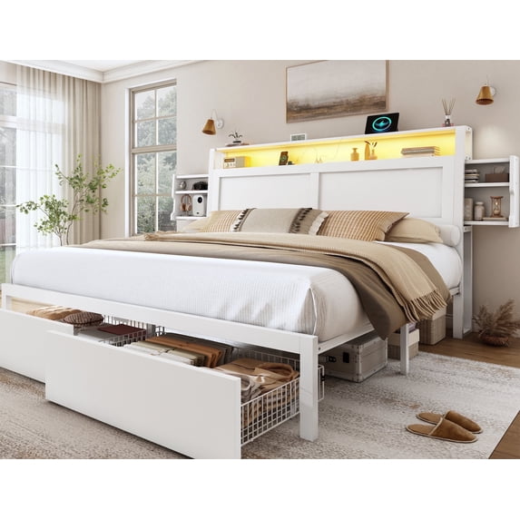 Breltam Queen Bed Frame with Storage Drawers&Headboard, Platform Bed with Charging Station&LED Lights, White