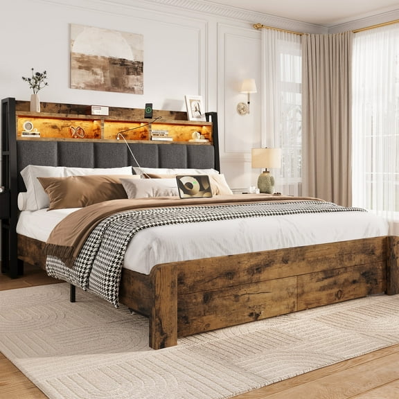 Breltam Queen Bed with 2 Storage Drawers, Platform Bed with Bookcase Headboard, Upholstered Headboard with 2 Bedside Storage Pockets, Rustic Brown