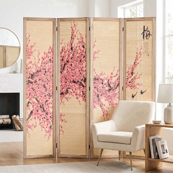 Breltam Room Divider 4 Panel Printed Bamboo Curtain Plum Blossom Folding Privacy Screen Wood Frame Freestanding Indoor Space Separator For Bedroom Living Room Entryway No Assembly Required