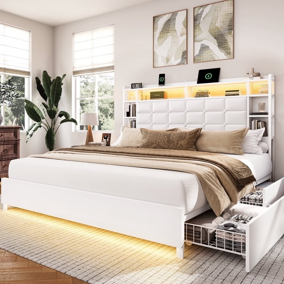 Breltam Queen Bed Frame with LED Headboard, Storage & Charging Station, Quick Assembly, No Box Spring Needed