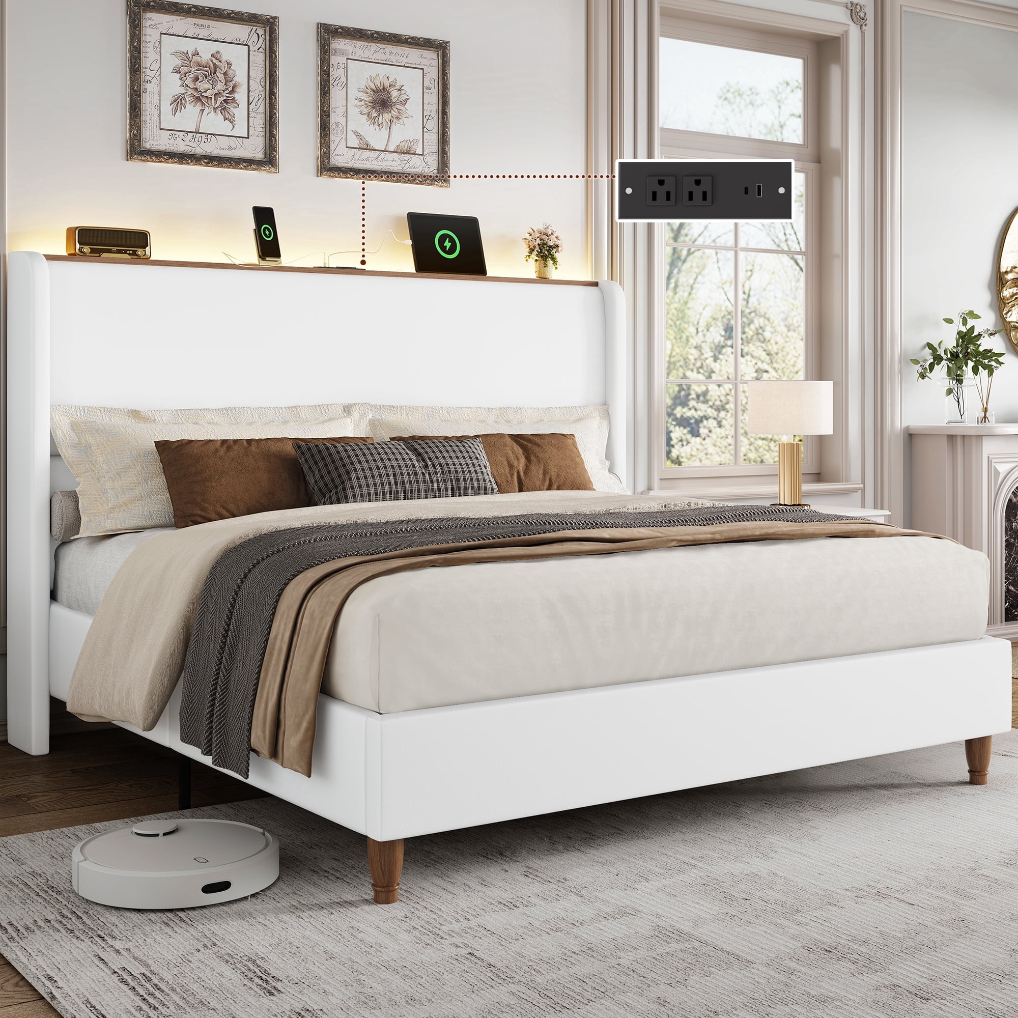 Breltam Upholstered Platform Bed with Wingback Headboard, Queen Size Bed with LED Lights and Charging Station, White