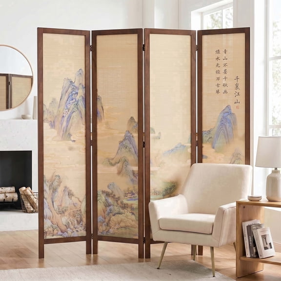 Breltam Room Divider4 Panel Printed Bamboo Curtain Thousand Li Of Rivers And Mountains Folding Privacy Screen Wood Frame Freestanding Indoor Space Separator For Bedroom Living Room Entryway No Assem