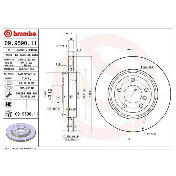 Brembo OE Premium UV Coated Rear Rotor for BMW 3 Series (2001-2005) * Part #09.9590.11