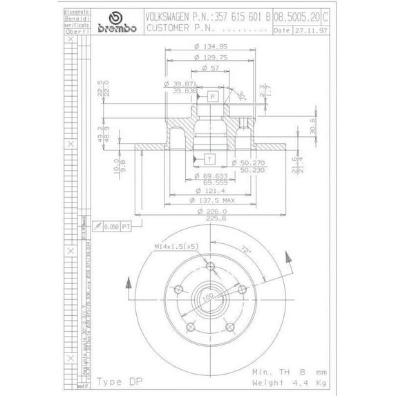 Brembo 08.5005.20 Disc Brake Rotor Fits select: 1992-1994 VOLKSWAGEN CORRADO SLC, 1997-1998 VOLKSWAGEN GOLF VR6