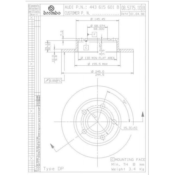 Brembo 08.5775.11 Disc Brake Rotor Fits select: 1999-2000 AUDI A8 QUATTRO, 1991 AUDI 200 QUATTRO TURBO