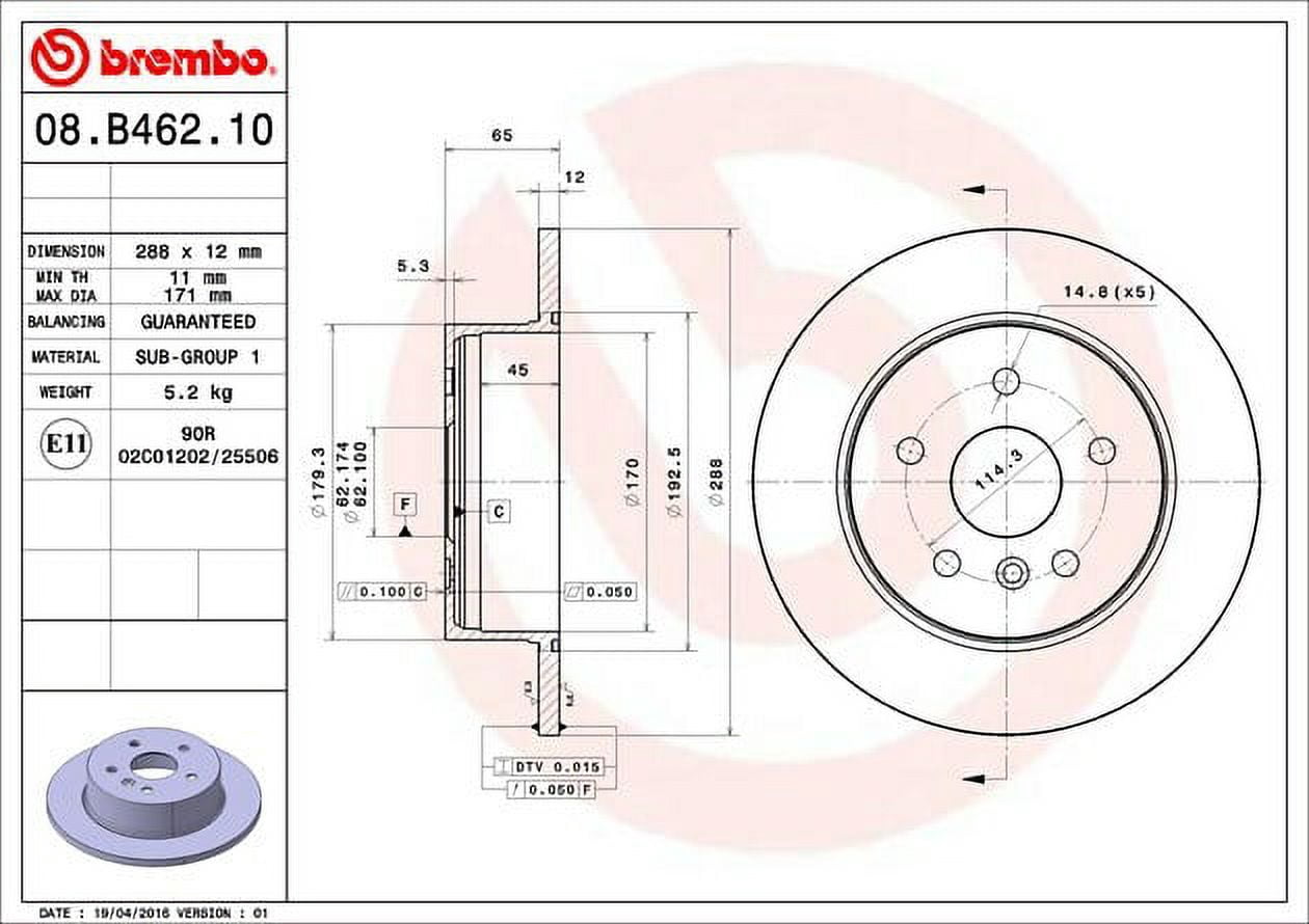 Brembo 08.B462.10 BRAKE ROTORS Fits select: 2000-2004 TOYOTA AVALON XL/XLS