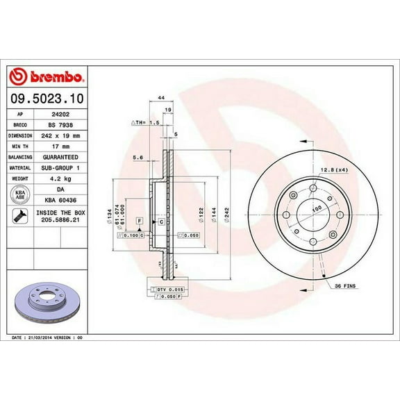 Brembo 09.5023.10 BRAKE ROTORS Fits select: 1988-1989 HONDA CIVIC DX, 1991 HONDA CIVIC CRX SI/CRX SE