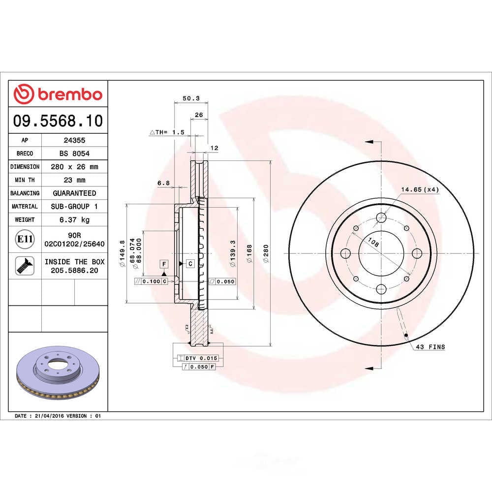 Brembo 09.5568.10 Premium Vented Brake Rotor
