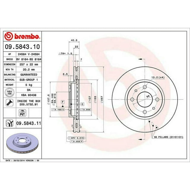 Brembo 09.5843.11 BRAKE ROTORS Fits select: 2012-2017 FIAT 500 POP