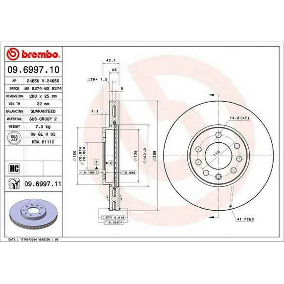 Brembo 09.6997.11 BRAKE ROTORS Fits select: 2001-2003 SATURN L200, 2000 SATURN LS1