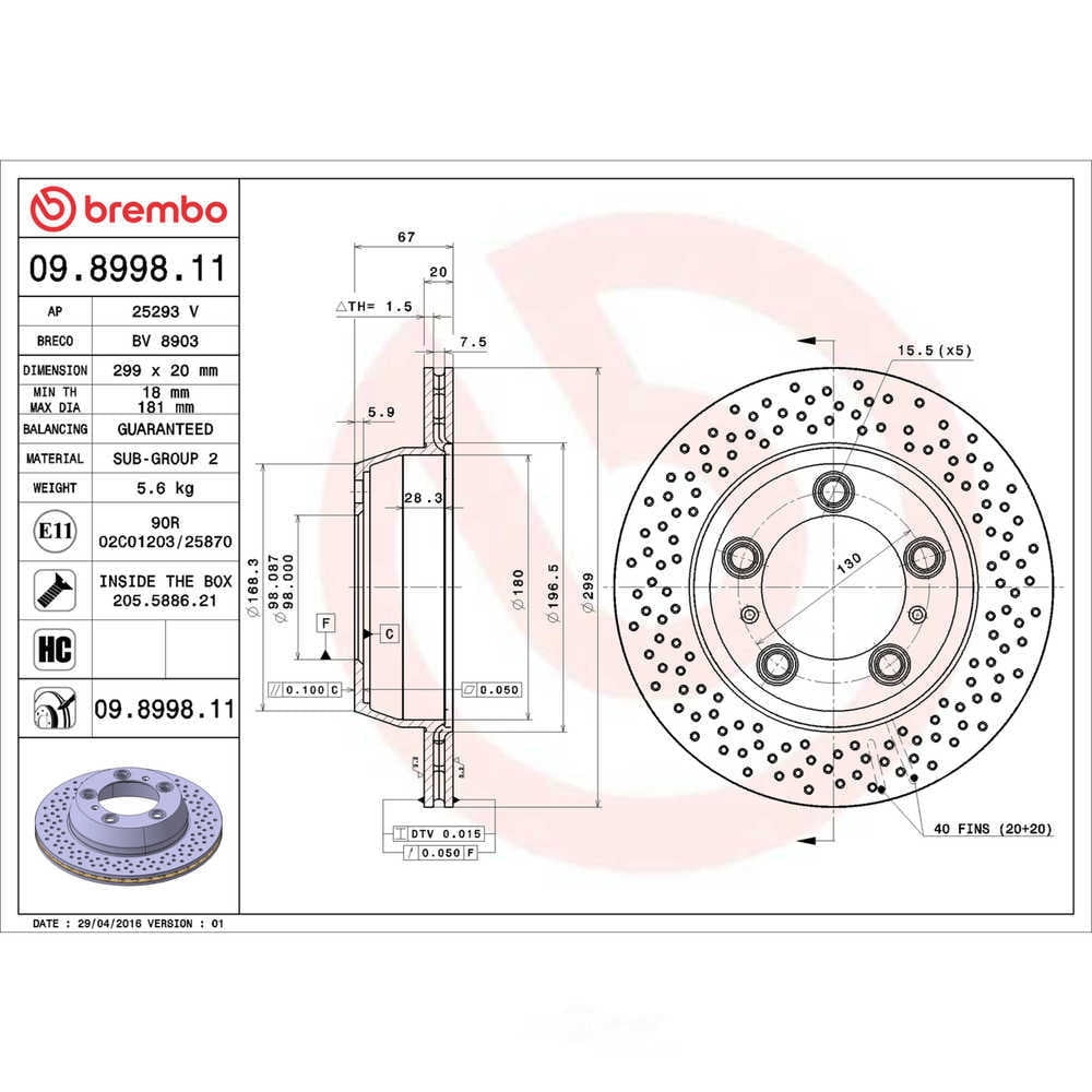 Brembo 09.8998.11 BRAKE ROTORS Fits select: 2005-2017 PORSCHE BOXSTER, 2014 PORSCHE CAYMAN S
