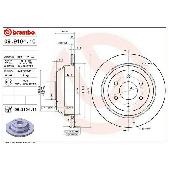 Brembo 09.9104.11 BRAKE ROTORS Fits select: 2004-2008 CHEVROLET TRAILBLAZER LS/LT, 2002-2008 GMC ENVOY