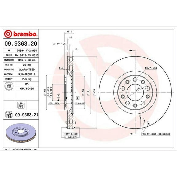 Brembo 09.9363.21 BRAKE ROTORS Fits select: 2015-2017 CHRYSLER 200 LIMITED, 2013-2016 DODGE DART SXT