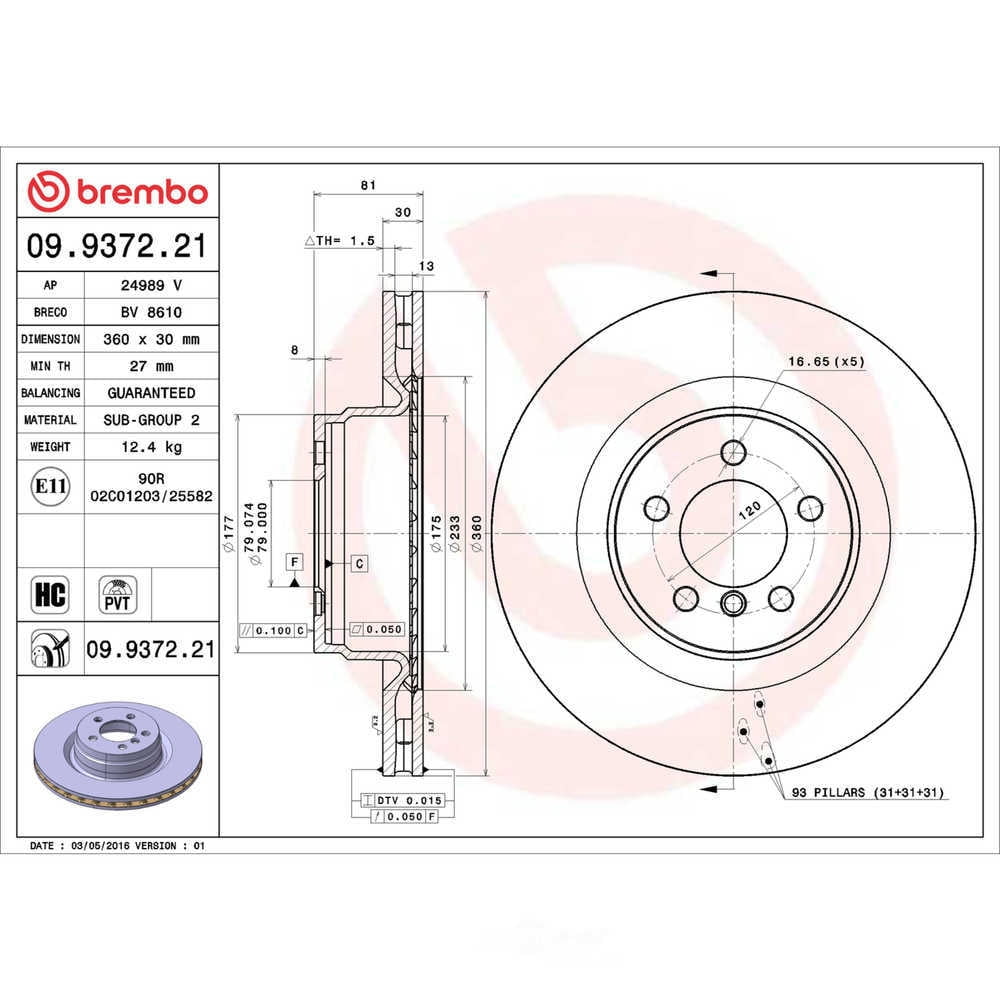 Brembo 09.9372.21 BRAKE ROTORS Fits select: 2011-2012 LAND ROVER RANGE ROVER HSE LUXURY, 2010 LAND ROVER RANGE ROVER HSE